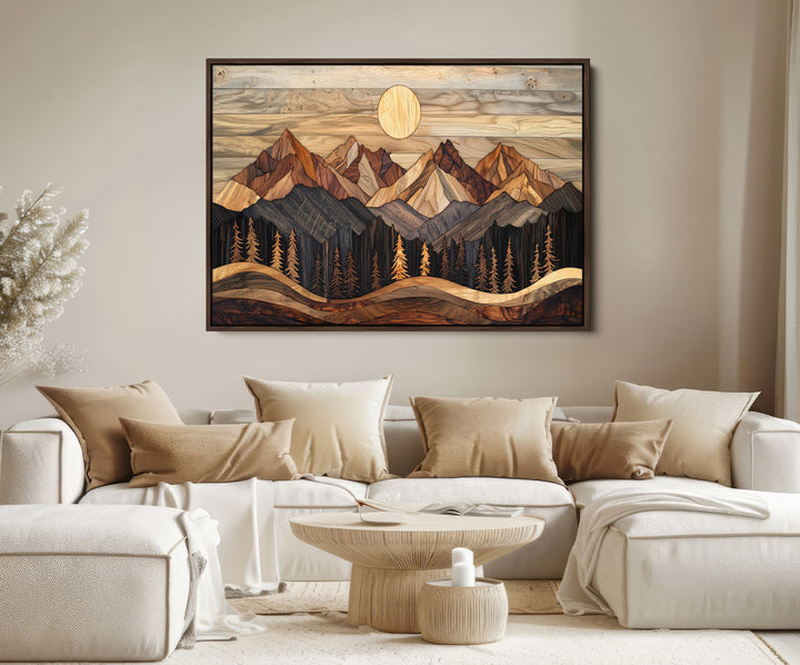 Wood Mountain Wall Art Canvas Print, Framed Boho Wood Art Print, Abstract Woodland Farmhouse Decor