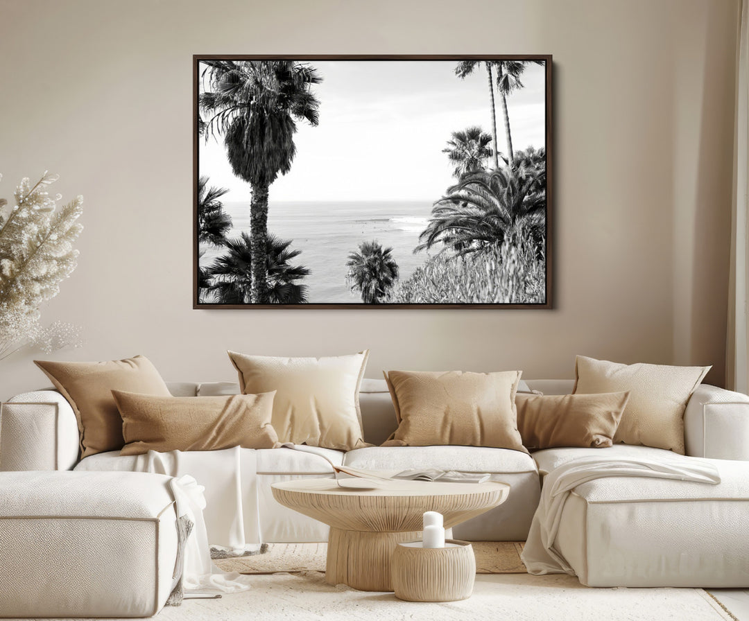 Palm Trees Wall Art Canvas Print, Framed Coastal Art Picture Print, Ocean Horizon Perfect Monochrome Coast Decor