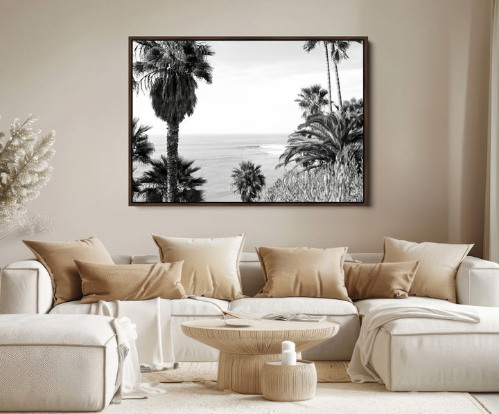 Palm Trees Wall Art Canvas Print, Framed Coastal Art Picture Print, Ocean Horizon Perfect Monochrome Coast Decor