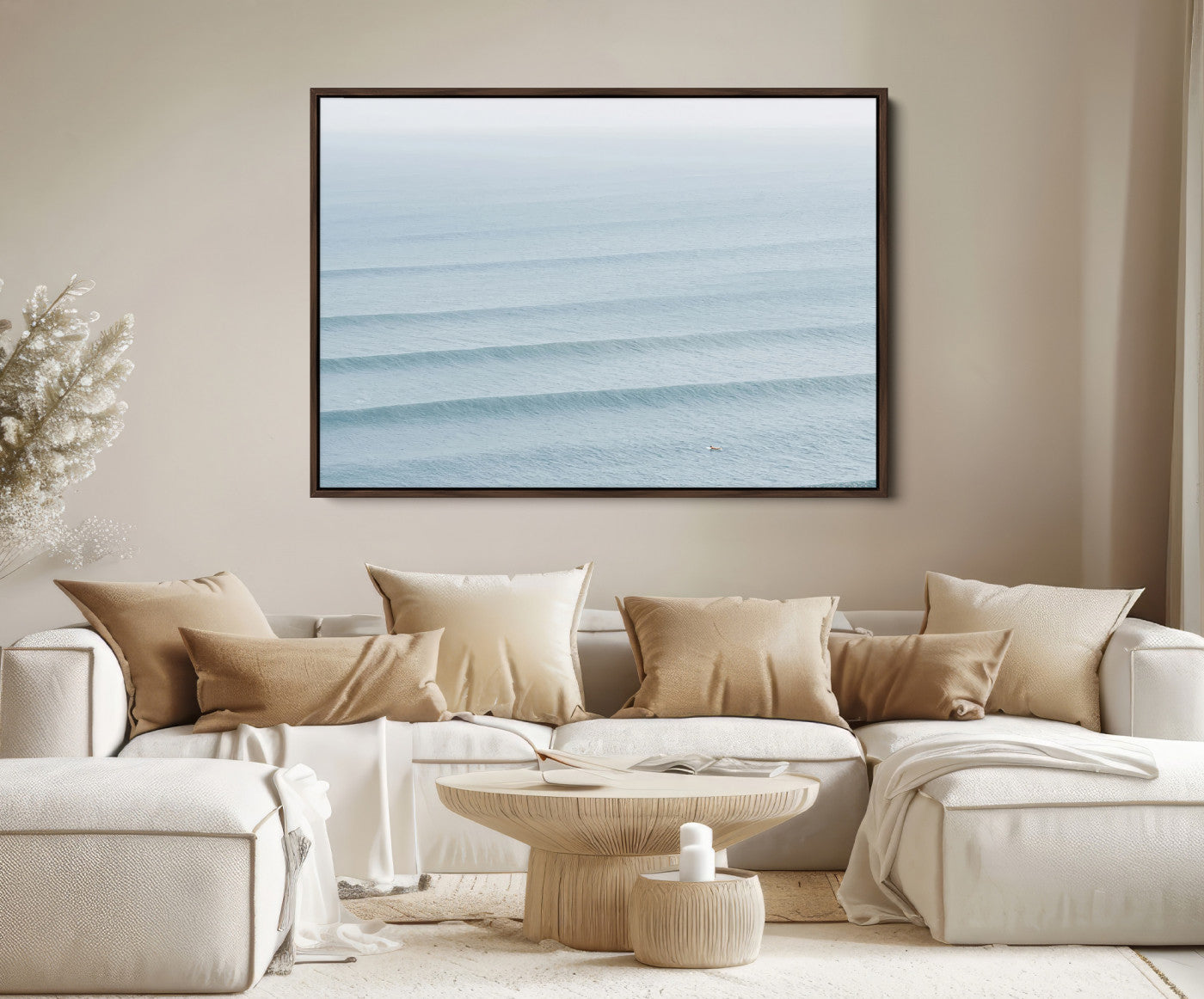 47814787-MGV-FC-36X24-Ocean Waves Wall Art Canvas Print – Framed Solo Surfer Wave Lines Coastal Seascape Nature Artwork for Home Office