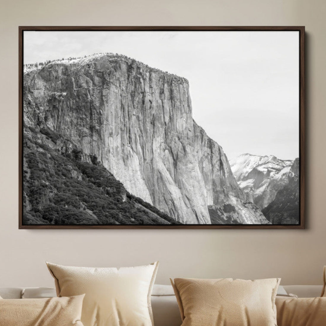 El Capitan Wall Art Canvas Print, Framed Yosemite Cliff Monochrome Mountain Art