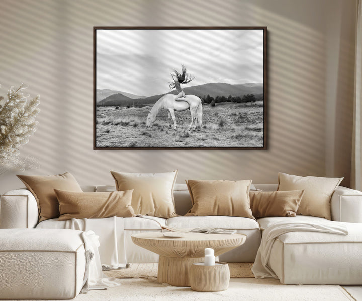 White Horse Wall Art Canvas Print, Woman Rider Print, Framed Equestrian Pose Art Print, Large Grazing Horse Printing Western Boho