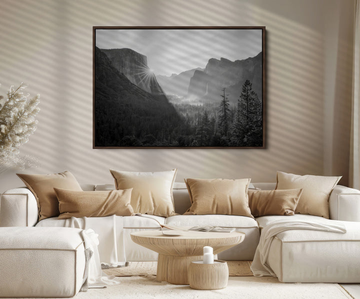 Yosemite Valley Wall Art Canvas Print, Framed El Capitan Sunrise Print, Framed Misty Mountain Art Print, Large Monochrome Valley Printing