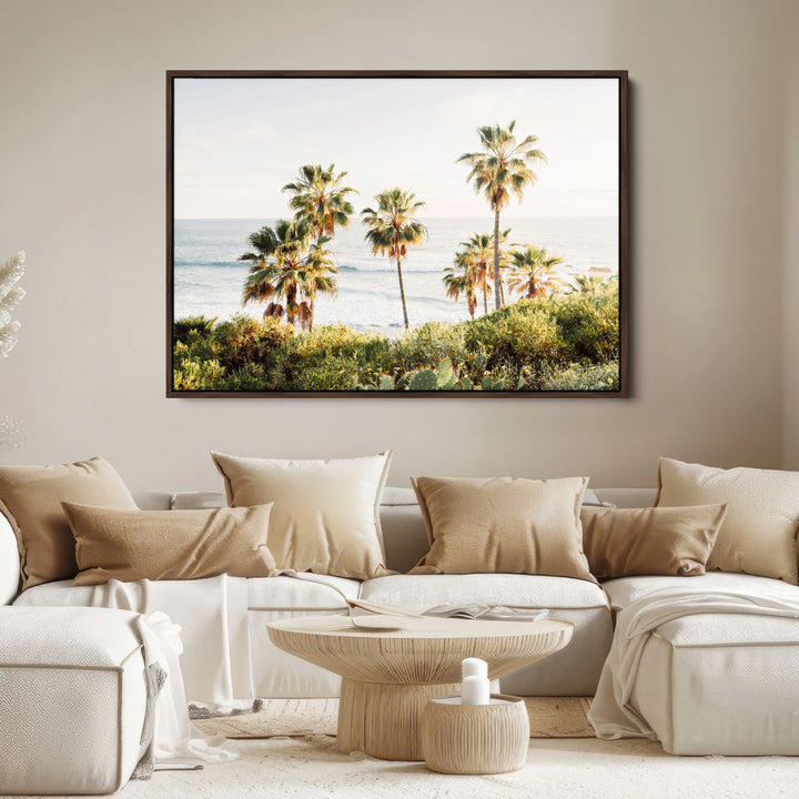 California Coast Wall Art Canvas Print, Framed Palm Trees Art Picture Print, Coastal Landscape Perfect Coastal Minimalist Decor