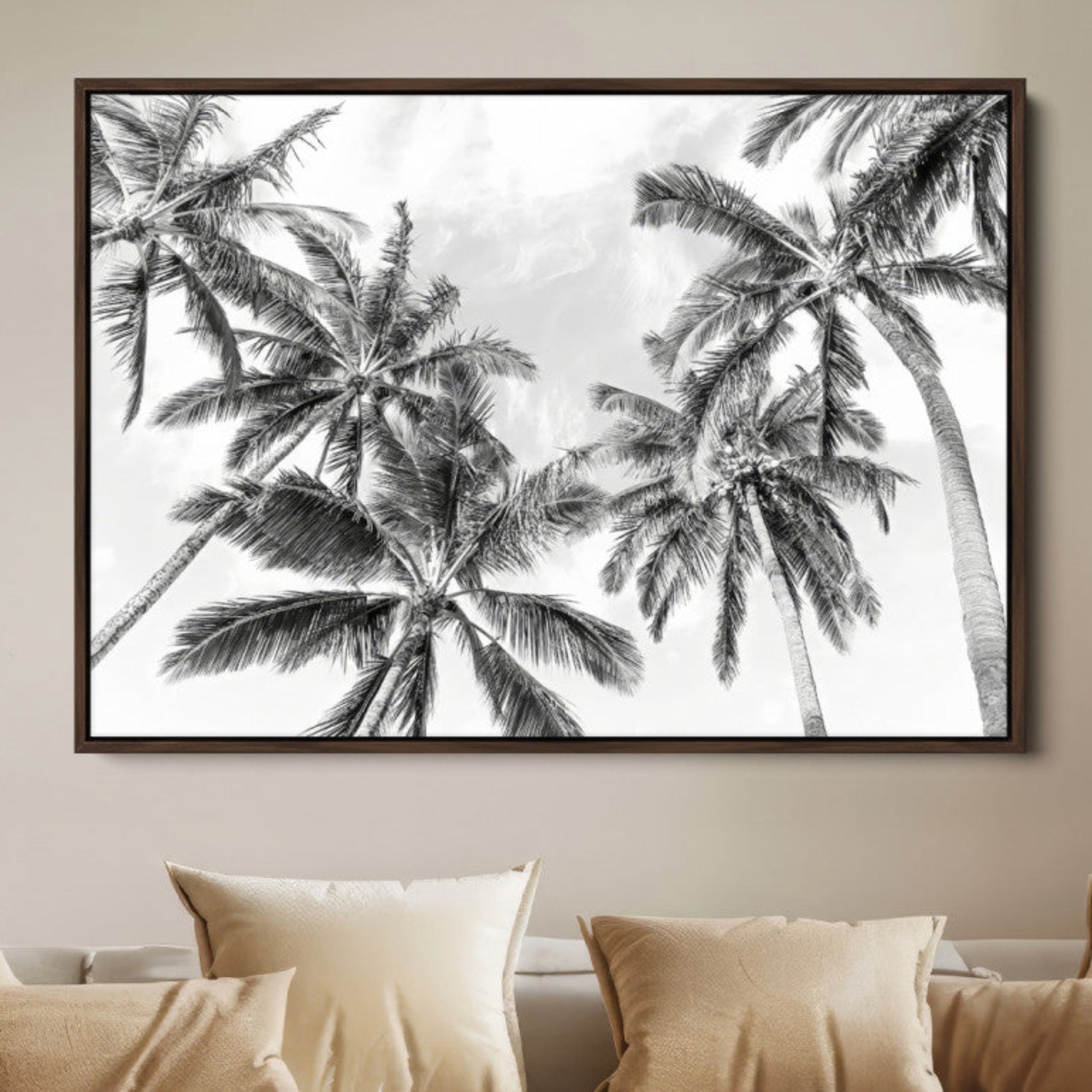 62113786-MGV-FC-36X24-Black and White Palm Wall Art Canvas Print – Framed Monochrome Tropical Beach Scene Artwork for Modern Home, Office Decor