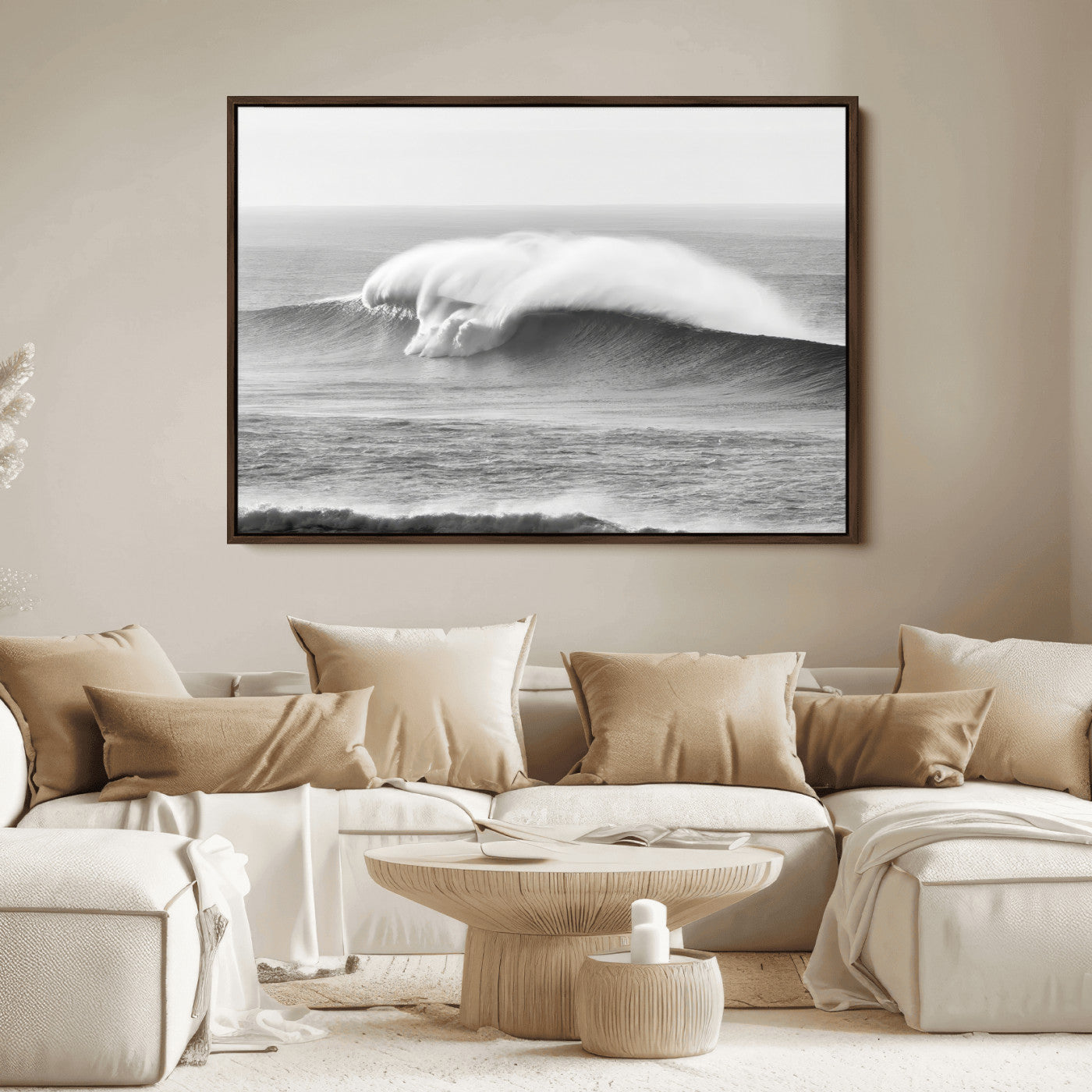 A dramatic black and white ocean wave crashing with immense force, capturing the raw power and movement of the sea in a bold seascape.