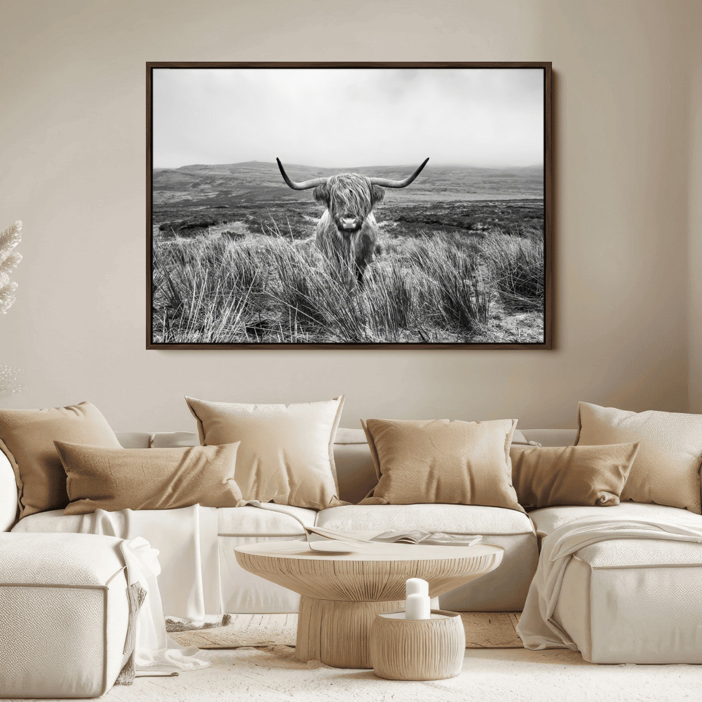 A black and white portrait of a Highland cow in a foggy Scottish countryside, capturing a rustic aesthetic and tranquil farm escape.