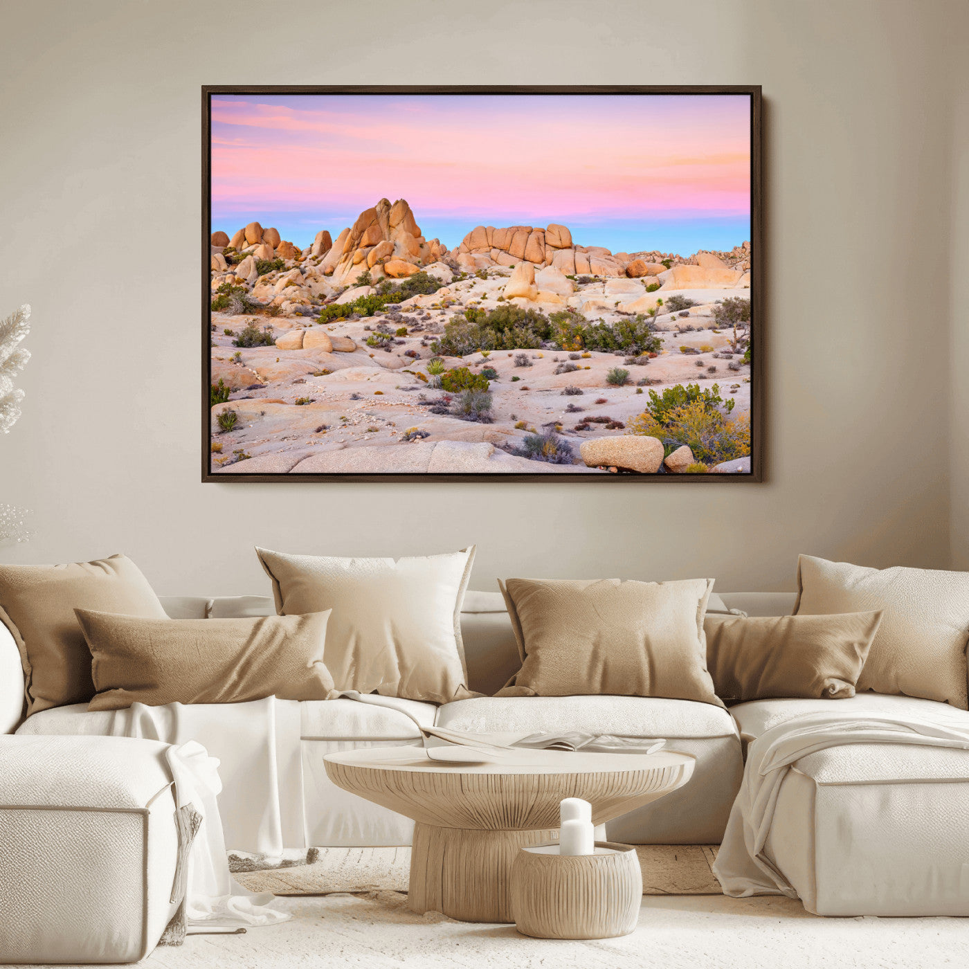A breathtaking desert landscape featuring rugged rock formations under a vibrant pastel sunset sky, capturing the warmth and serenity of a Southwestern wilderness.