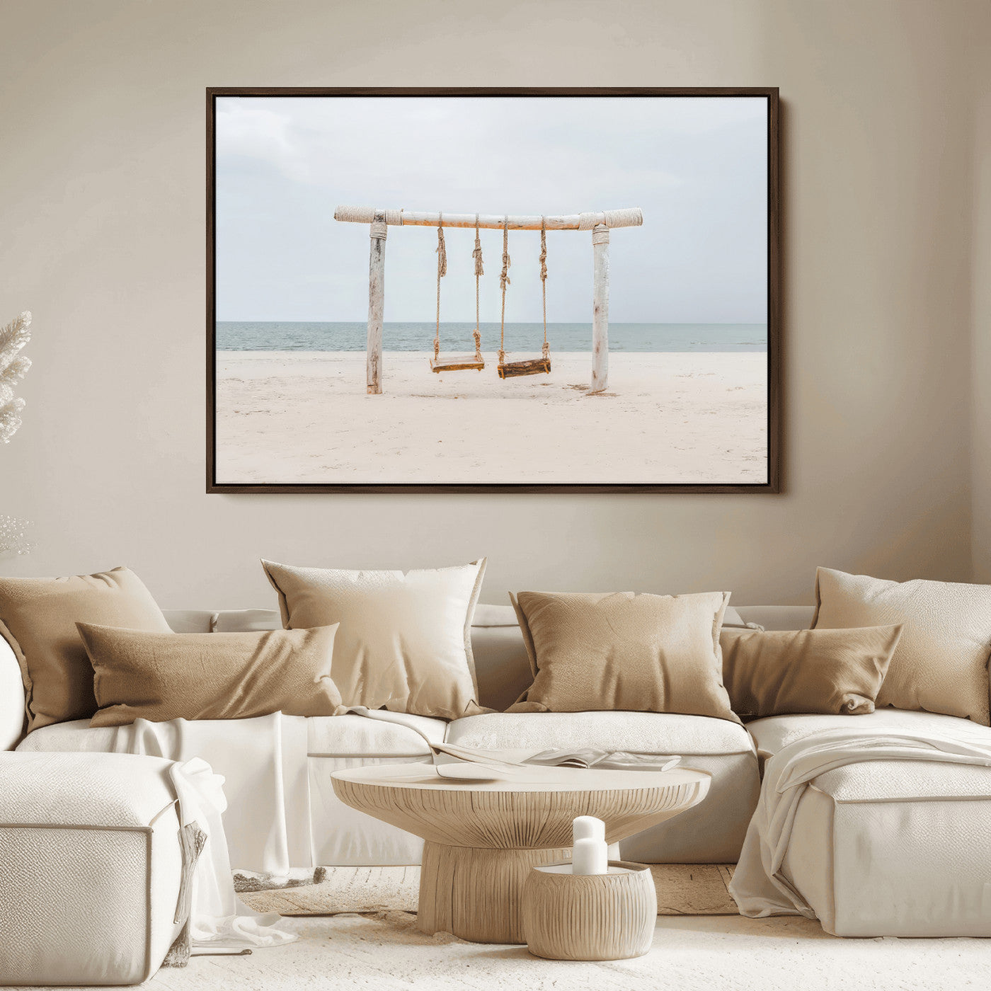 A rustic wooden beach swing stands on a serene sandy shore with an ocean horizon in the background, creating a tranquil and dreamy coastal escape.