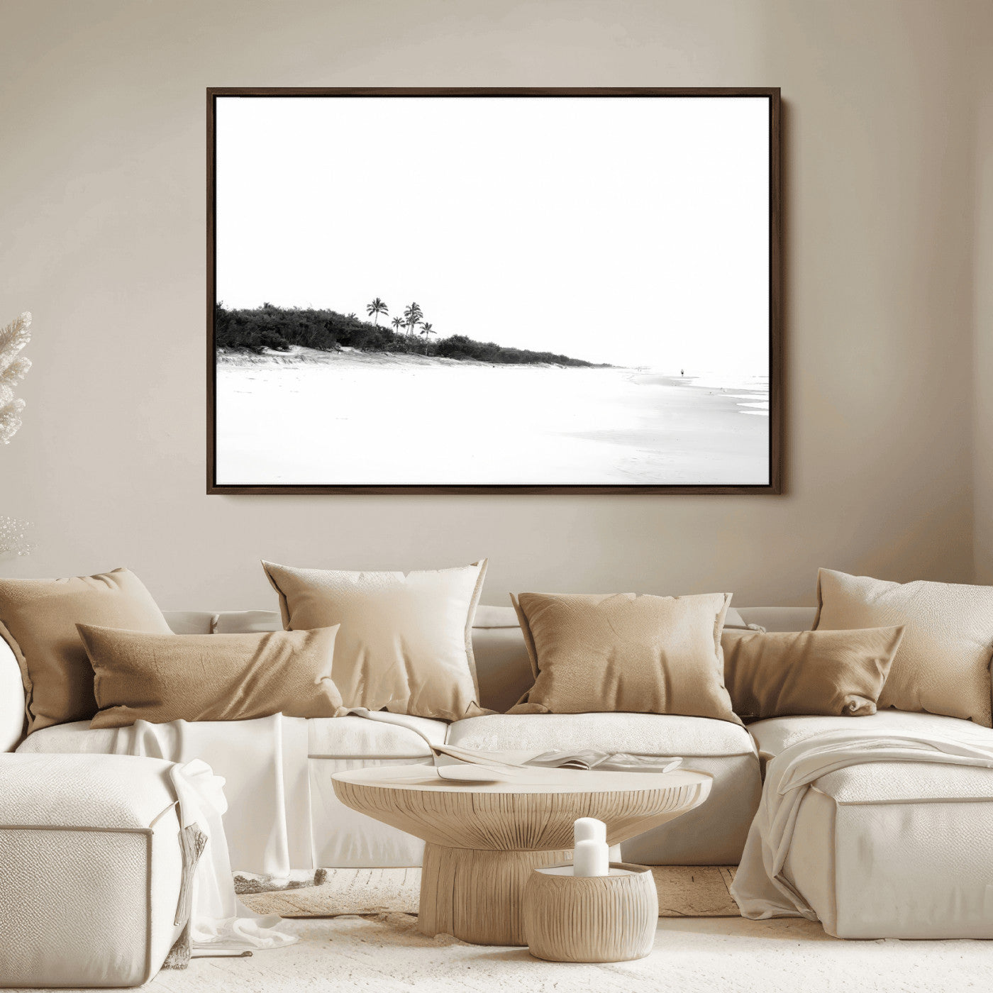 A black and white minimalist coastal scene with a vast open beach, distant palm trees, and a lone figure walking along the shoreline, evoking serenity and solitude.