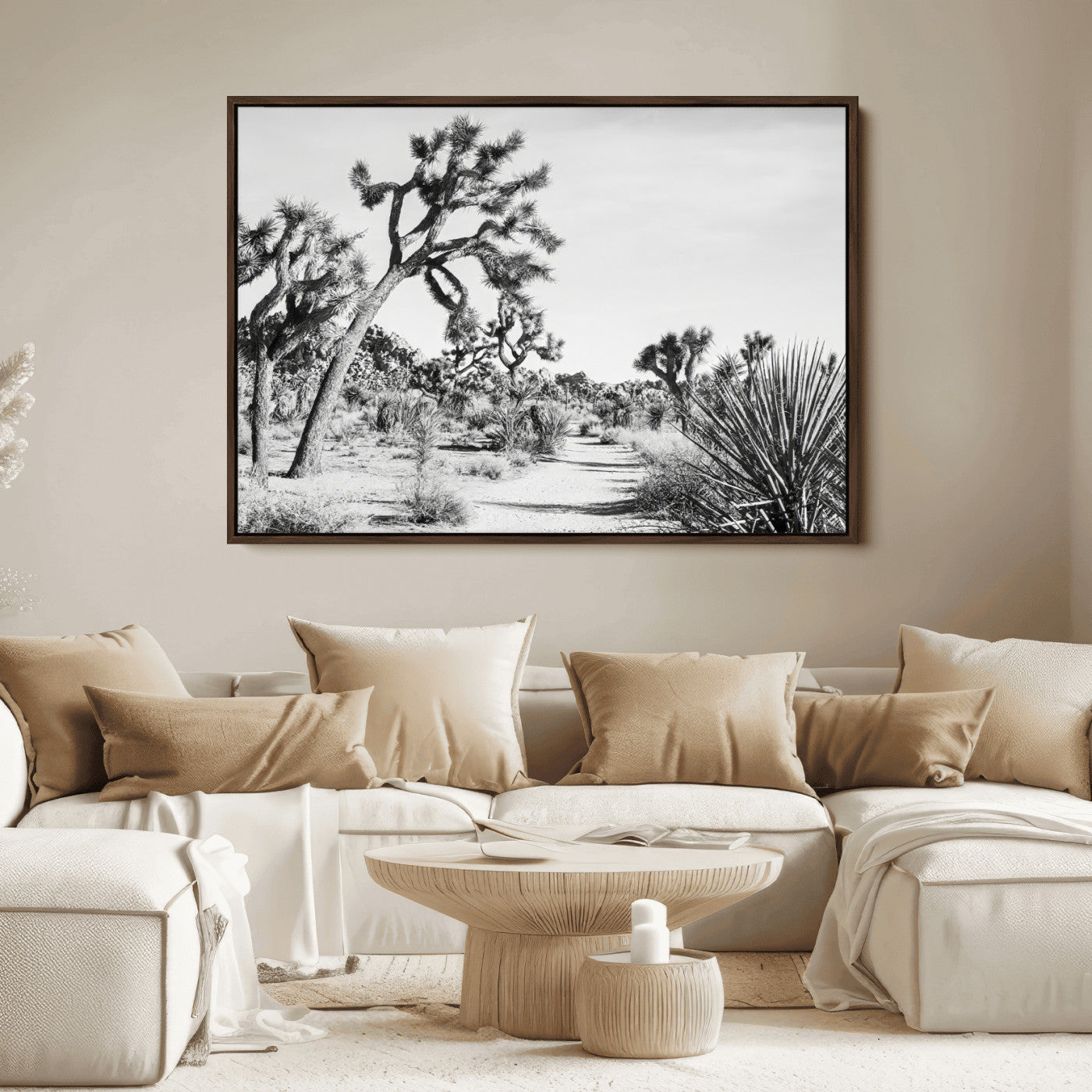 Canvas of a Joshua Tree forest in black and white tones, featuring a desert path and spiky vegetation, ideal for minimalist or rustic decor.