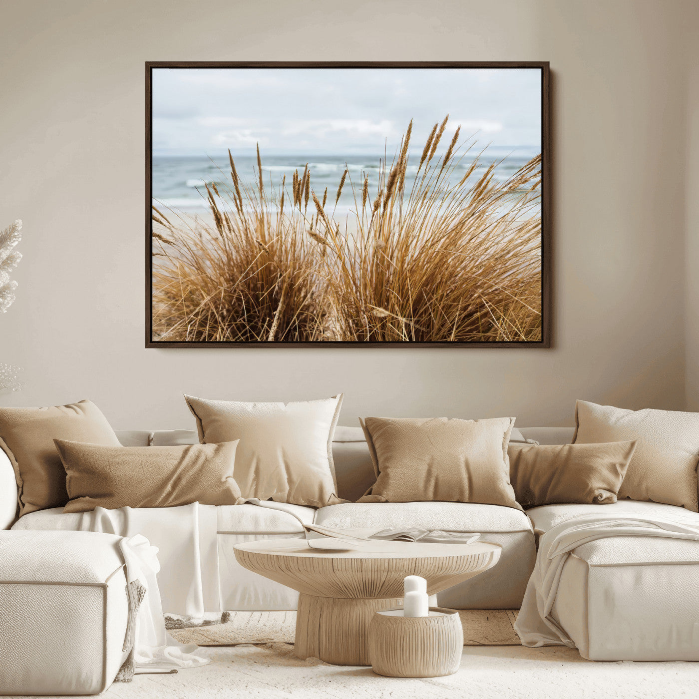 Canvas of golden beach grass swaying by the ocean under a soft cloudy sky, perfect for neutral-toned or coastal minimalist decor.