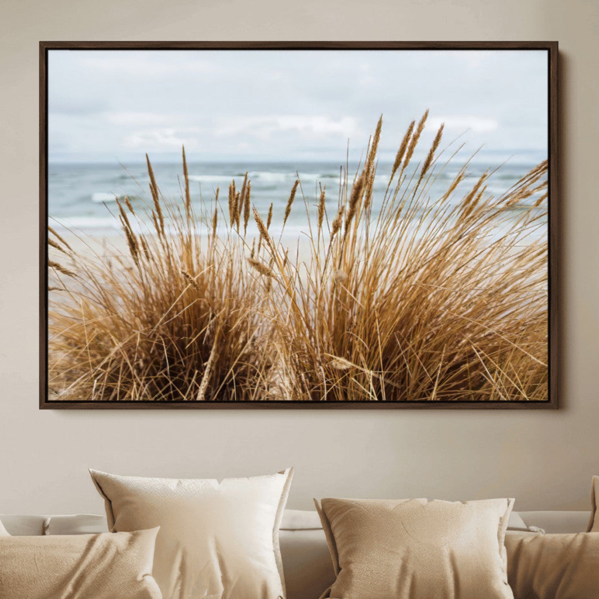 87750525-MGV-CV-36X24-Beach Grass Wall Art Canvas Print – Framed Coastal Dunes Art Picture Dune Grass Artwork for Home Office