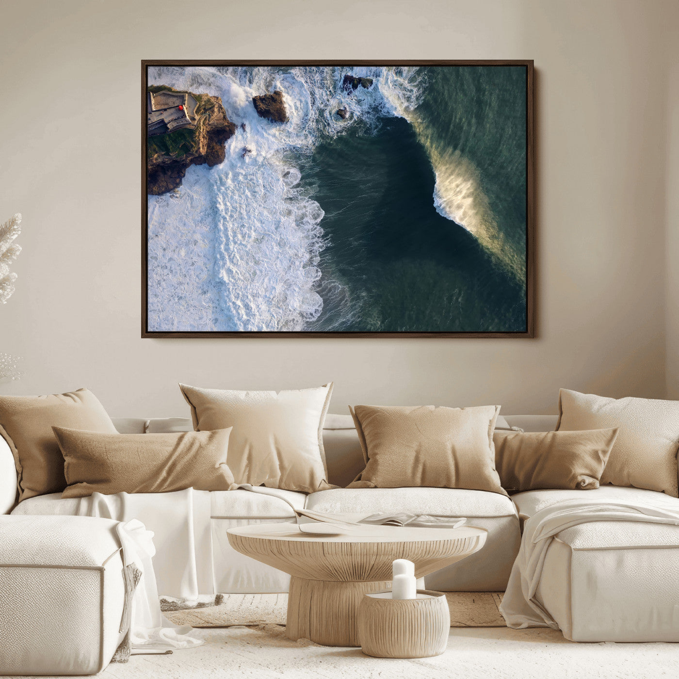 Canvas showing an aerial view of crashing waves along the Nazaré coastline, perfect for dramatic coastal or ocean-themed home decor.
