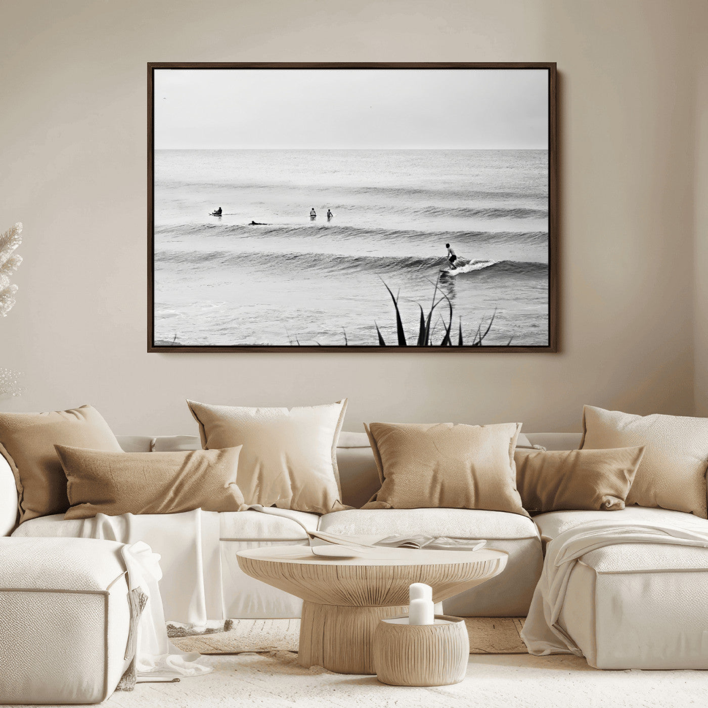 Monochrome canvas of surfers on calm ocean waves, ideal for minimalist coastal or beach-inspired interior decor.