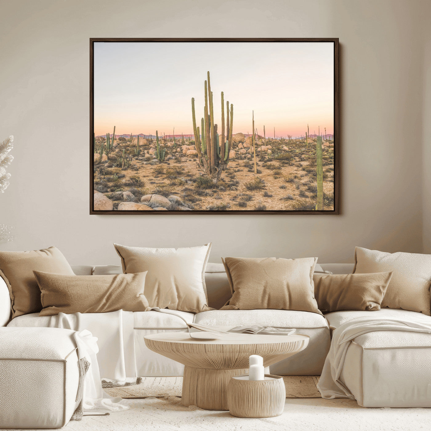Canvas of tall desert cacti in warm sunset tones over a rocky Baja landscape, ideal for earthy or Southwestern-style home decor.
