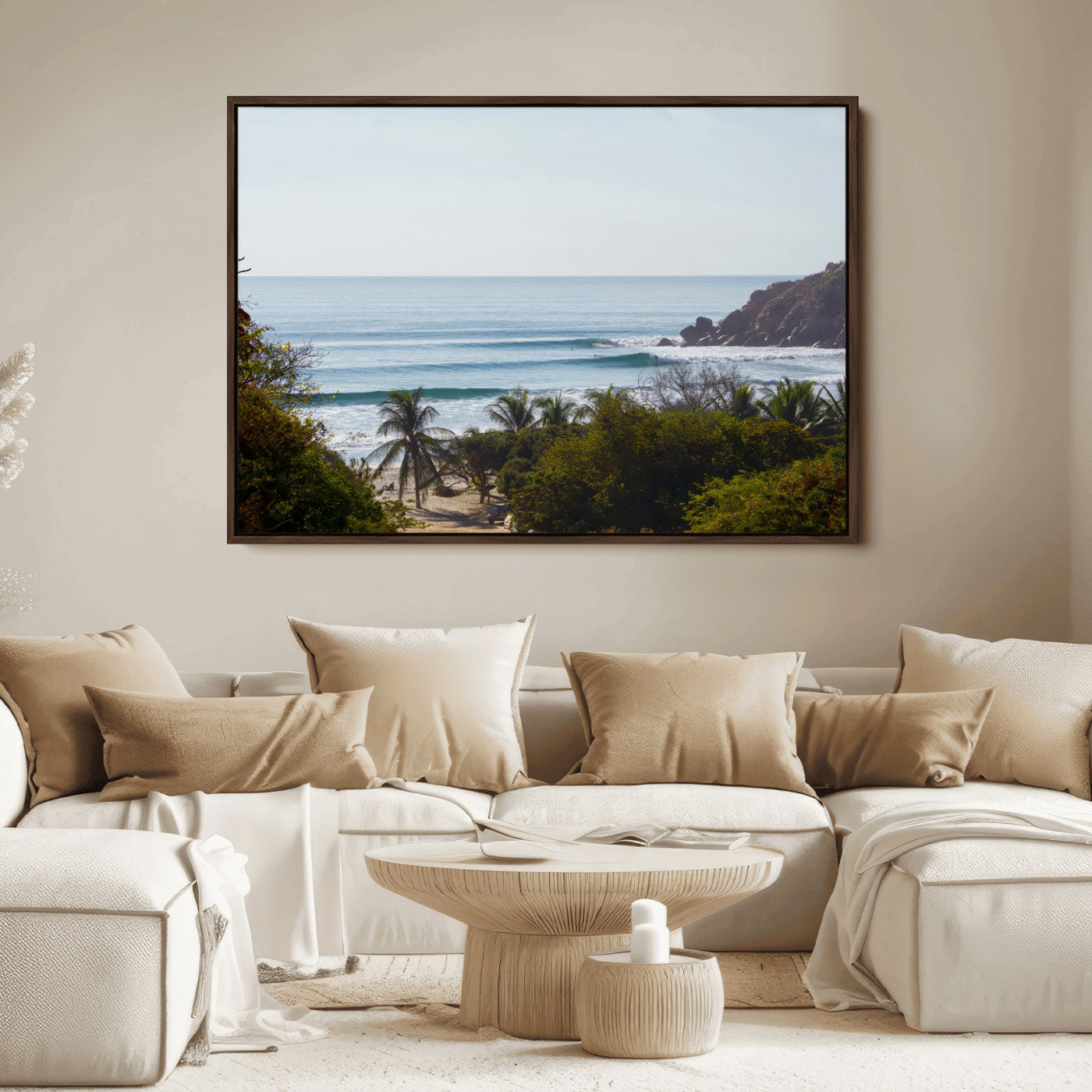 View of calm ocean waves with palm trees and a tropical coastline, ideal for coastal boho or beach-themed wall decor.