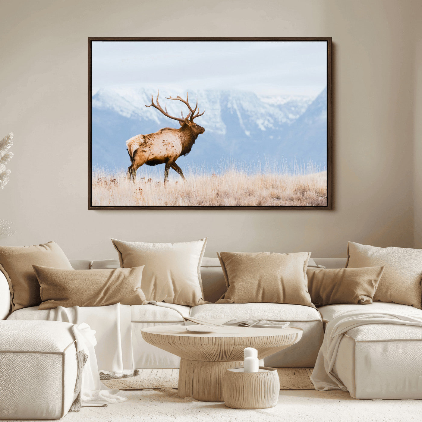 An elk walking on snowy grassland with majestic mountains in the background, ideal for rustic lodge or cabin wall decor.
