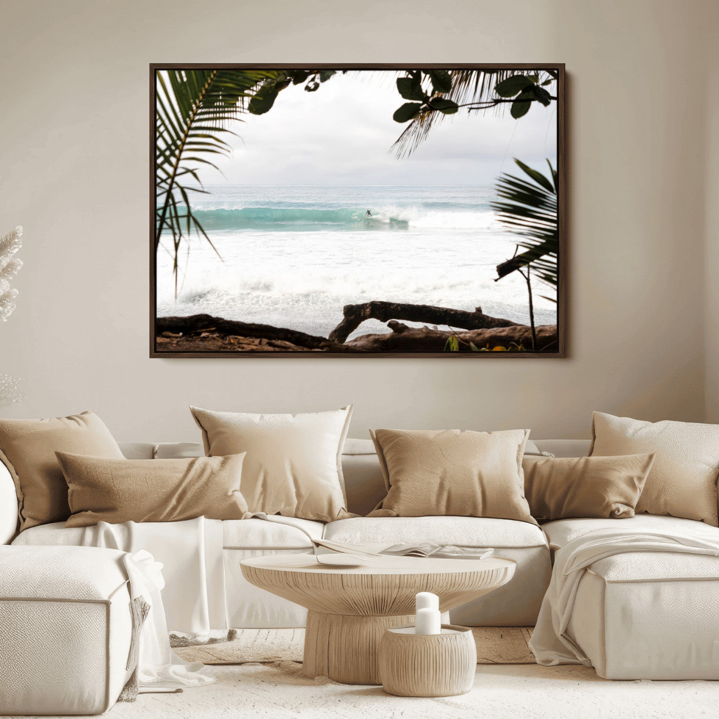 Tropical beach view with palm trees and surfer riding a wave, perfect for boho or coastal-inspired interior wall decor.