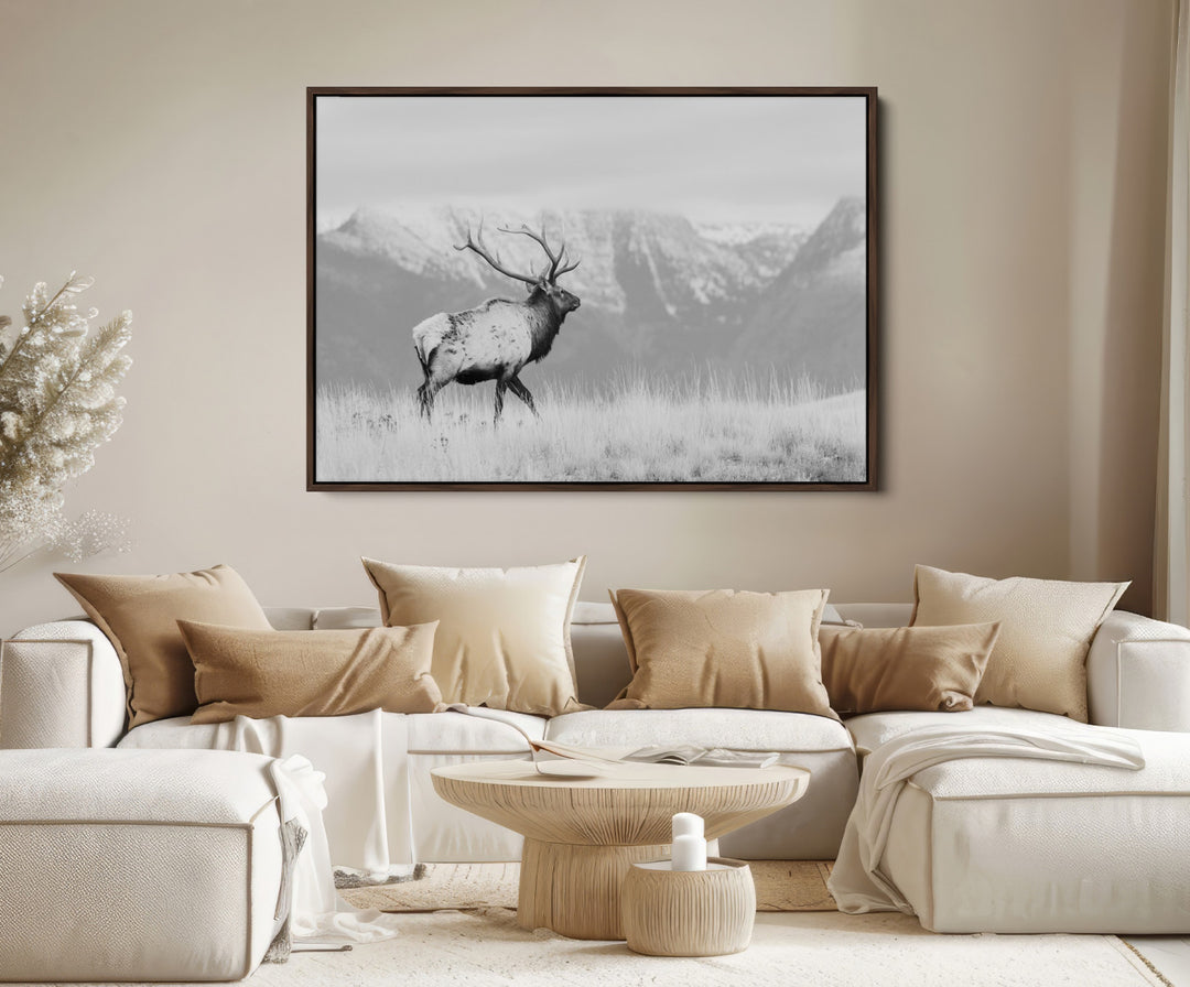 Rustic Elk Wall Art Canvas Print, Wildlife Antler Print, Framed Western Hunting Lodge Art Print, Large Mountain Nature Scene Printing Perfect for Japanese Decor