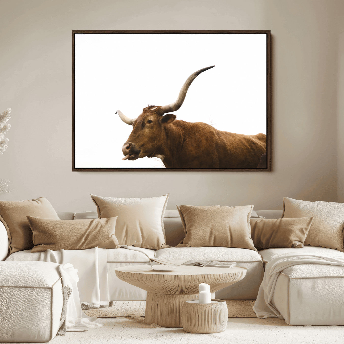 Side view of a brown Longhorn cow with curved horns on white background, perfect for rustic farmhouse or western-style home decor.