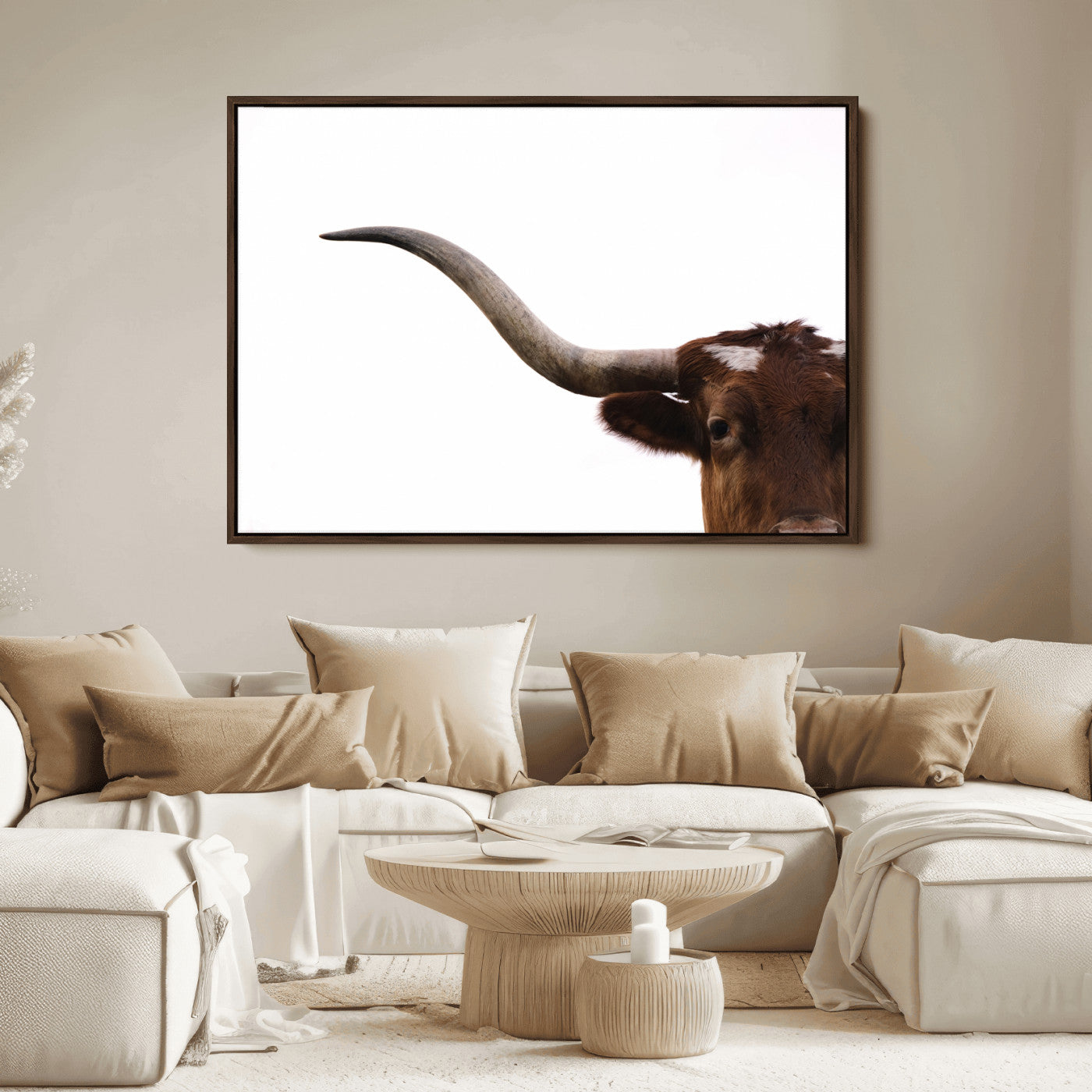 Close-up of Texas Longhorn horn and eye on white background, perfect for minimalist or modern farmhouse style wall decor.
