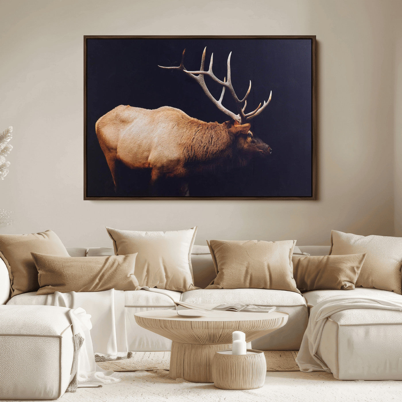 Side profile of an elk with large antlers on dark background, creating a bold rustic statement for cabin or Western-themed decor.