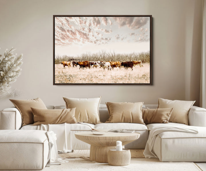 Longhorn Cattle Wall Art Canvas Print, Texas Ranch Print, Framed Western Cow Art Print, Large Prairie Landscape Printing Perfect for Western Decor