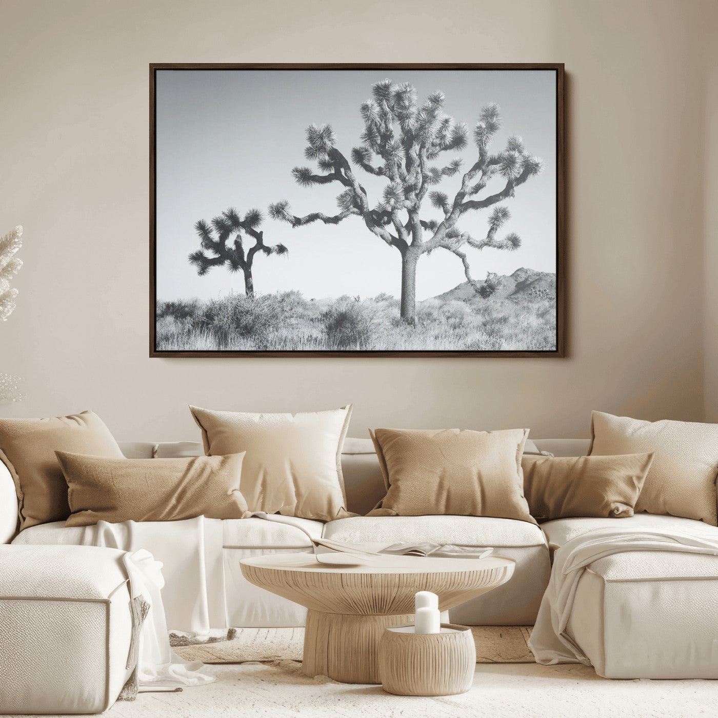 Two Joshua trees in a black and white desert landscape with distant hills, ideal for boho or rustic interior wall styling.