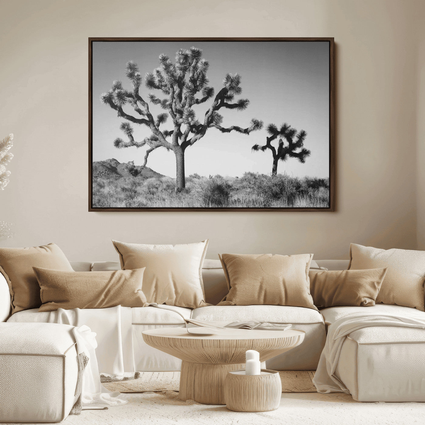 Black and white desert scene with two Joshua trees under clear sky, perfect for rustic or boho-inspired home decor.