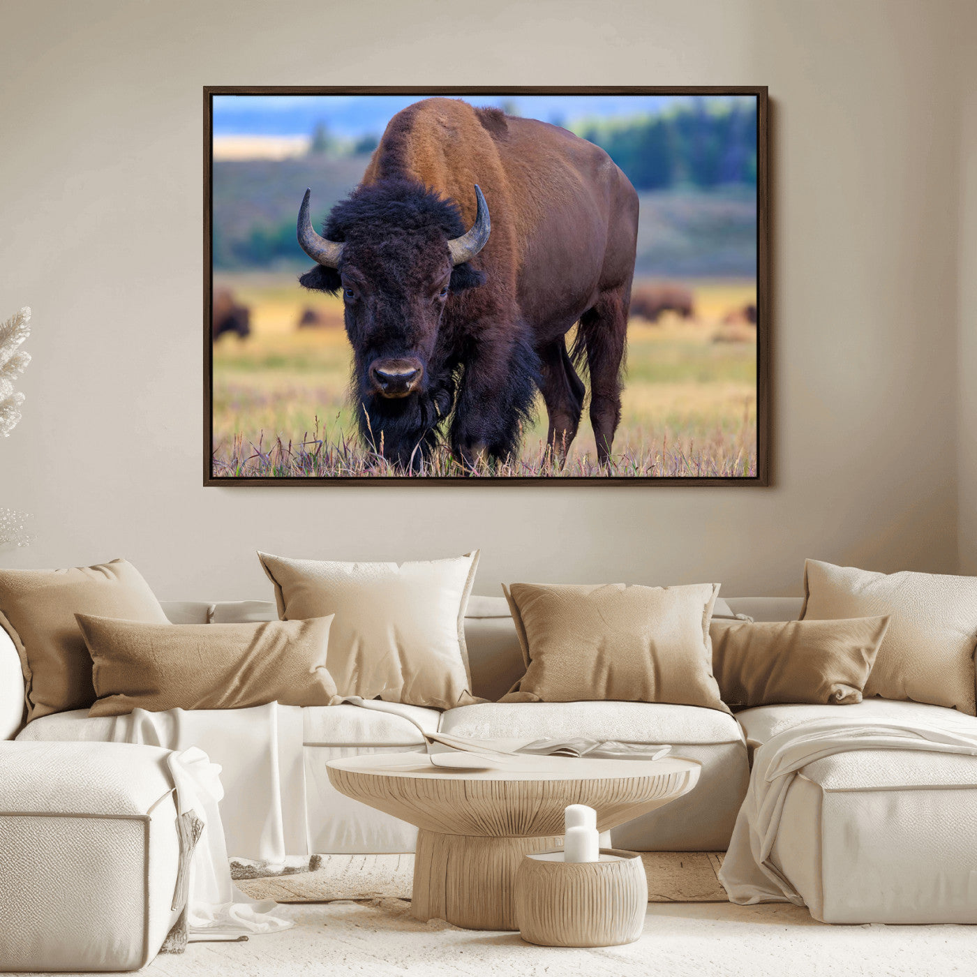 Close-up of a strong American bison standing in a grassy prairie with a blurred herd in background, perfect for rustic lodge decor.