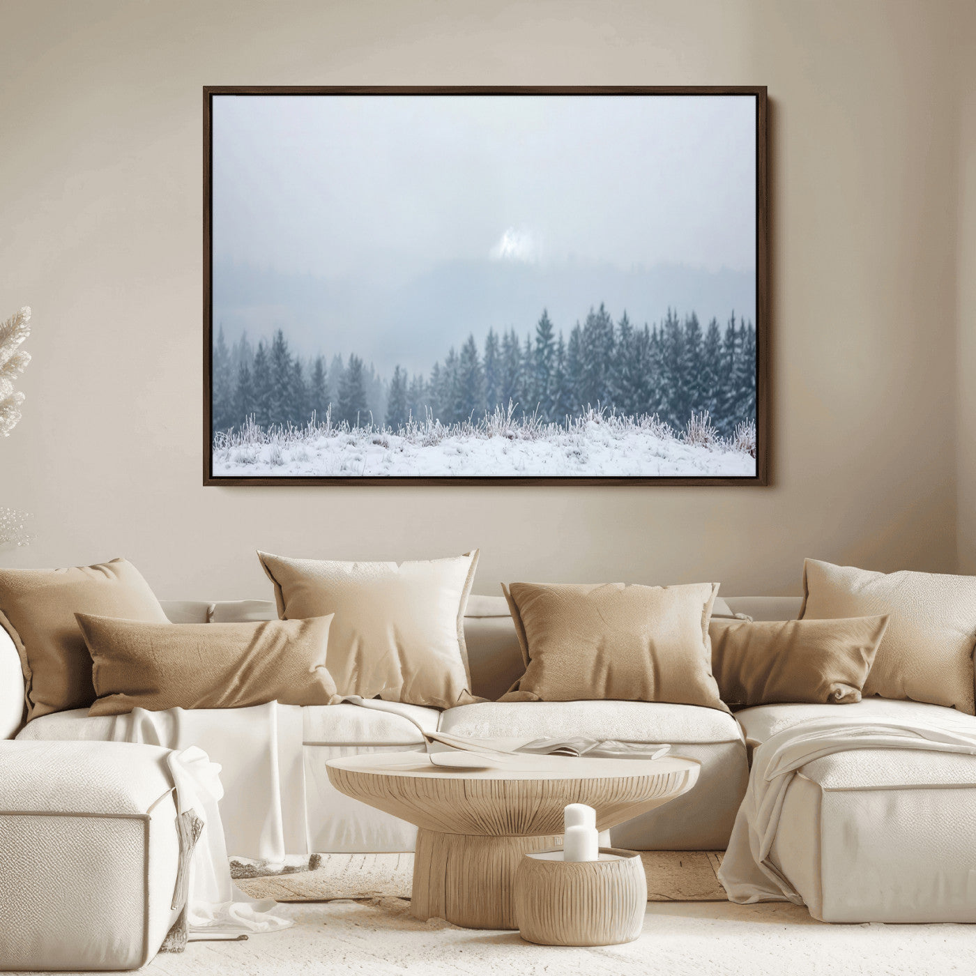 Snow-covered forest under misty sky, soft light breaking through clouds, ideal for minimalist or Nordic-inspired home decor.