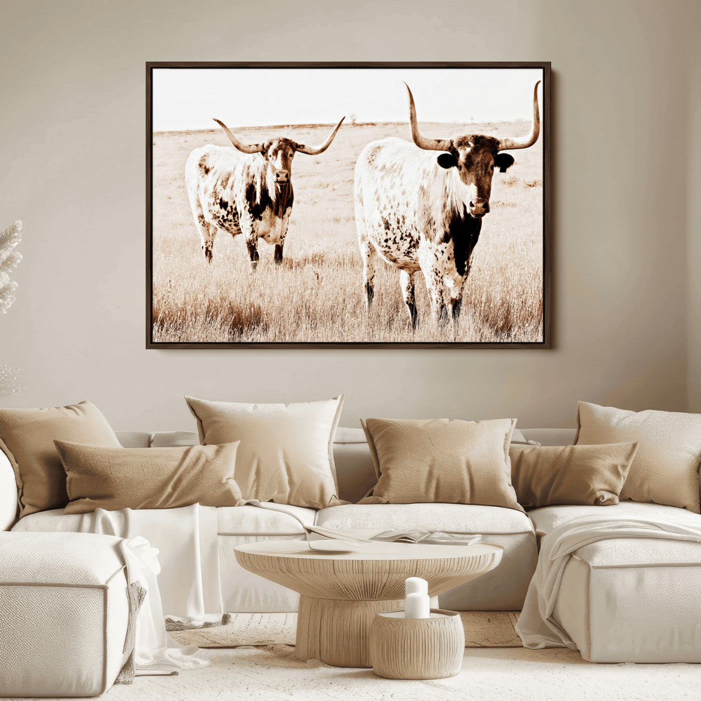Two Texas longhorn cows standing in a sepia-toned pasture, evoking rustic charm perfect for farmhouse or western country interiors. (