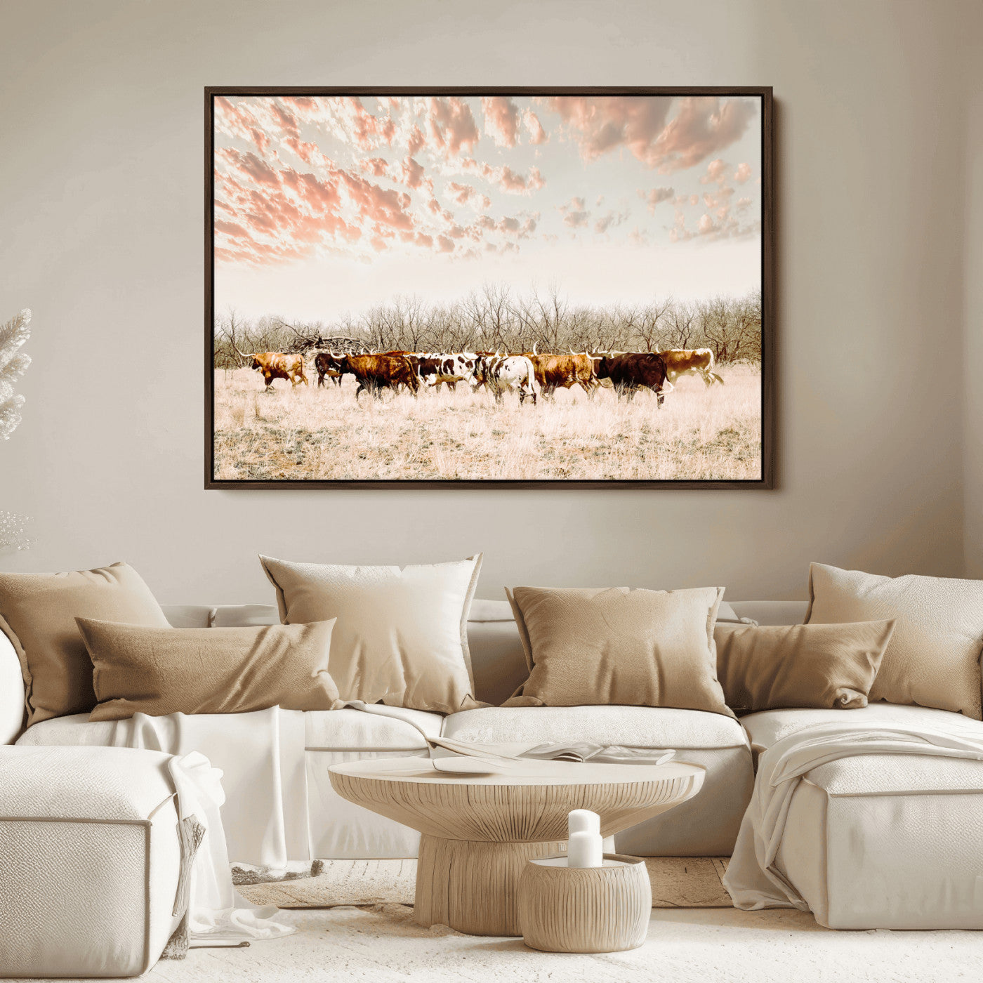 Cattle herd in a soft-toned field under a pastel pink sky, creating a peaceful rustic feel, perfect for farmhouse or western-themed spaces.