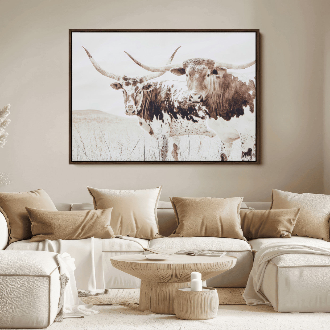 Two longhorn cows standing in a sepia-toned pasture with soft light, ideal for rustic or farmhouse-themed neutral wall decor.