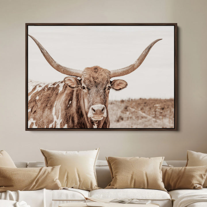 Longhorn Bull Wall Art Canvas Print, Framed Rustic Cow Art Picture Print, Neutral Farmhouse Perfect Rustic Neutral Farmhouse Decor