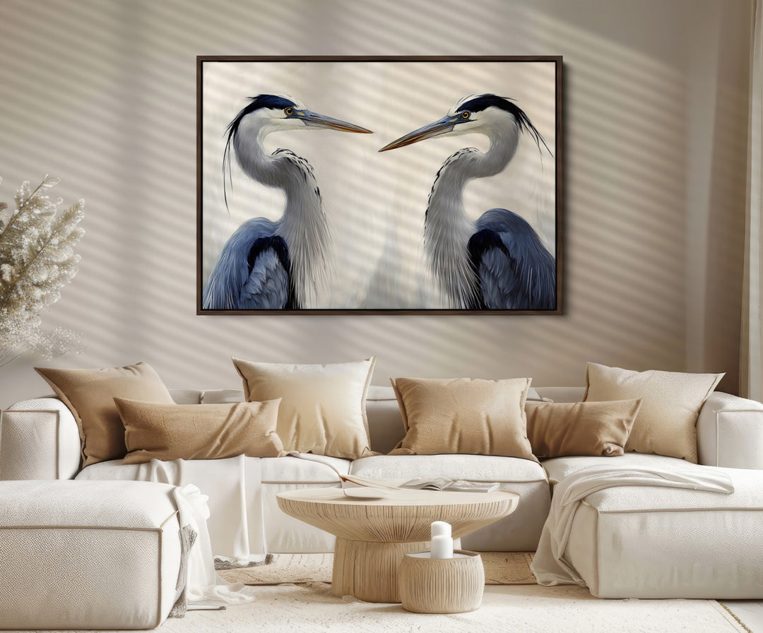 Blue Heron Pair Art Canvas Print, Coastal Bird Theme Print, Framed Tranquil Wildlife Scene Art Print, Large Nature Inspired Decor