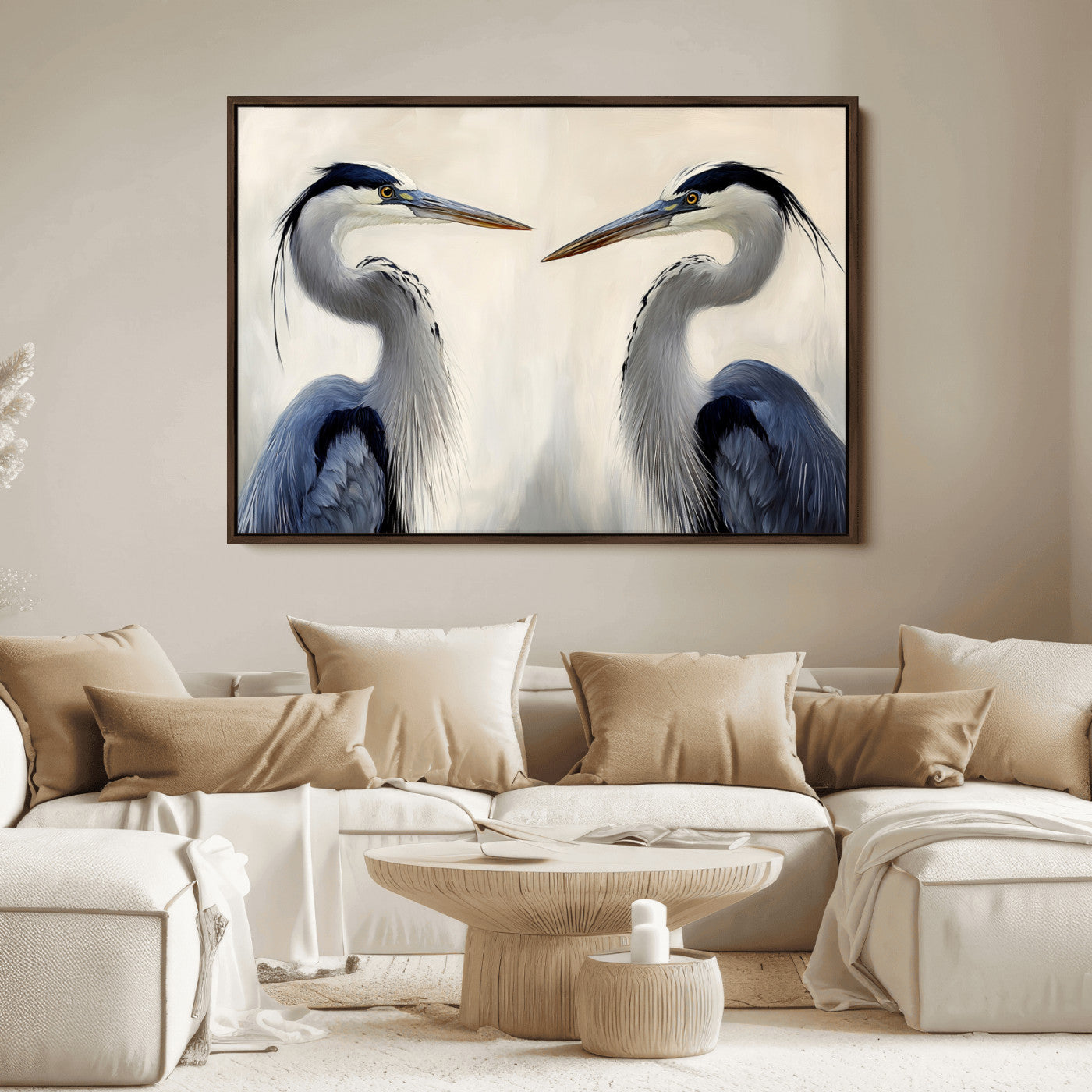 Two blue herons facing each other on a soft neutral background, ideal for coastal, tranquil, or nature-inspired minimalist interiors.