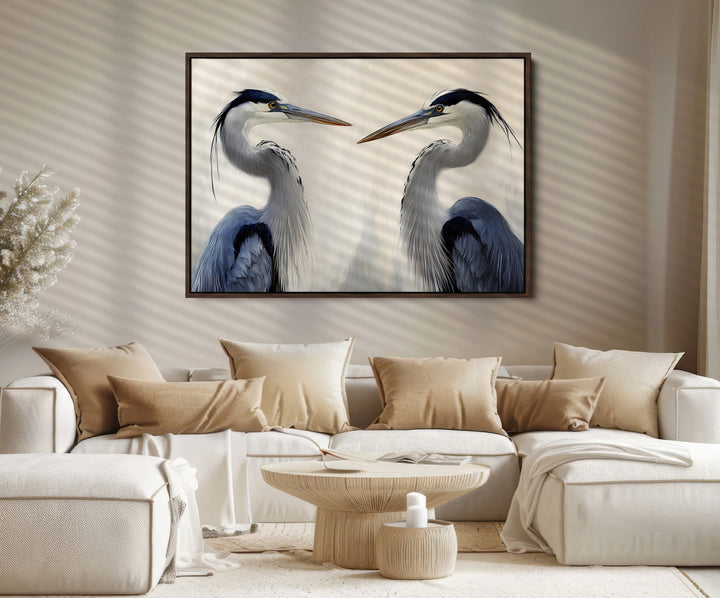 Blue Heron Pair Art Canvas Print, Coastal Bird Theme Print, Framed Tranquil Wildlife Scene Art Print, Large Nature Inspired Decor