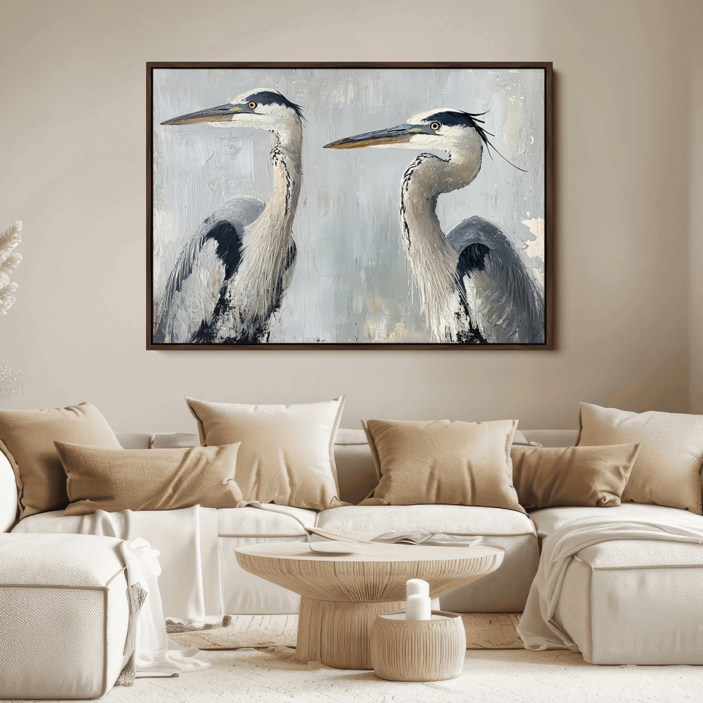 Two elegant herons in profile with soft brush strokes and blue-grey tones, ideal for serene, coastal, or minimalist interior decor.