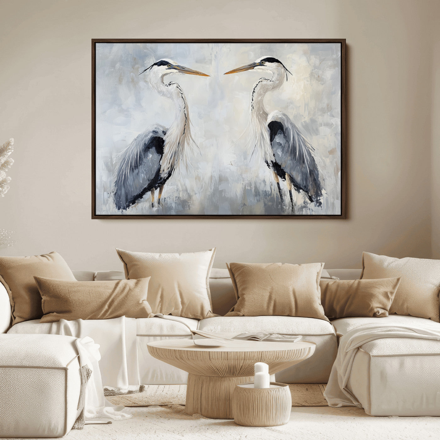 Two herons facing each other on a soft-toned background with blue-grey feathers, perfect for tranquil, coastal or nature-themed interiors.