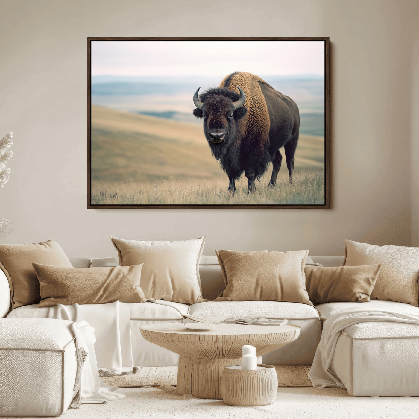 A bison standing strong on a grassy prairie with rolling hills in the background, perfect for rustic and Western-inspired wall decor.