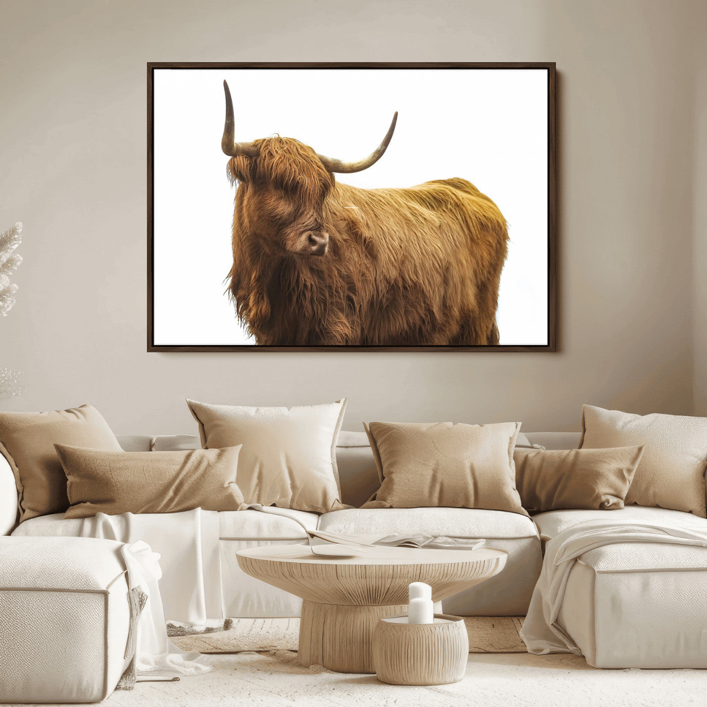 A highland cow with long horns and shaggy fur standing calmly, isolated on white background, ideal for rustic or farmhouse wall decor.
