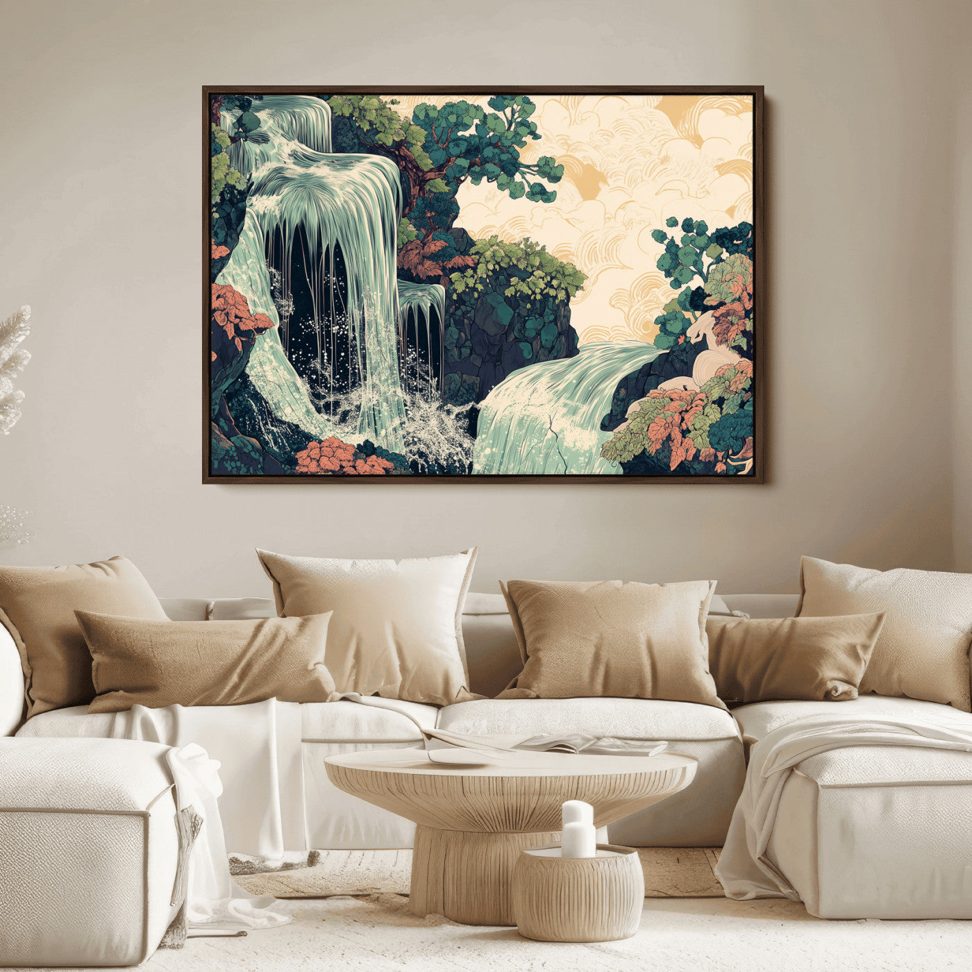 Stylized waterfall flowing through rocky terrain and lush foliage in an oriental art style, ideal for peaceful and nature-themed interiors.