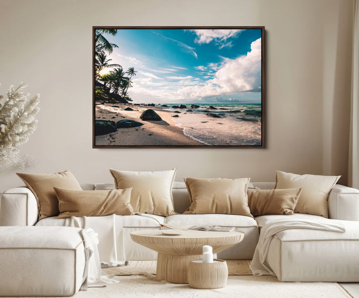 Tropical Beach Wall Art Canvas Print, Framed Ocean Waves Art Picture Print, Relaxing Seascape Perfect Tropical Coastal Decor Artwork