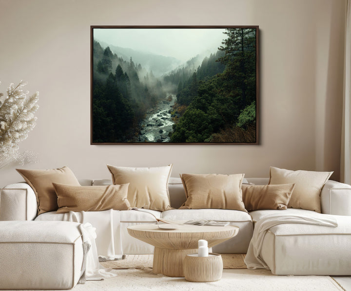 Misty Forest Wall Art Canvas Print, Framed Foggy River Art Picture Print, Moody Landscape Perfect Wilderness Decor Artwork