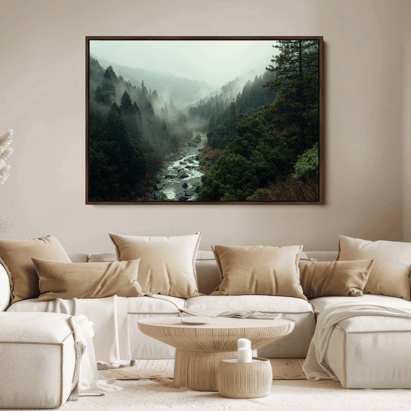 Misty forest with a winding river flowing through lush green mountains, creating a tranquil and moody wilderness landscape.