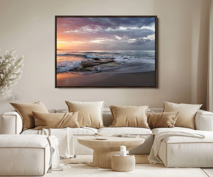 Golden Hour Wall Art Canvas Print, Framed Tranquil Waves Art Picture Print, Beach Perfect Coastal Serenity Decor Artwork