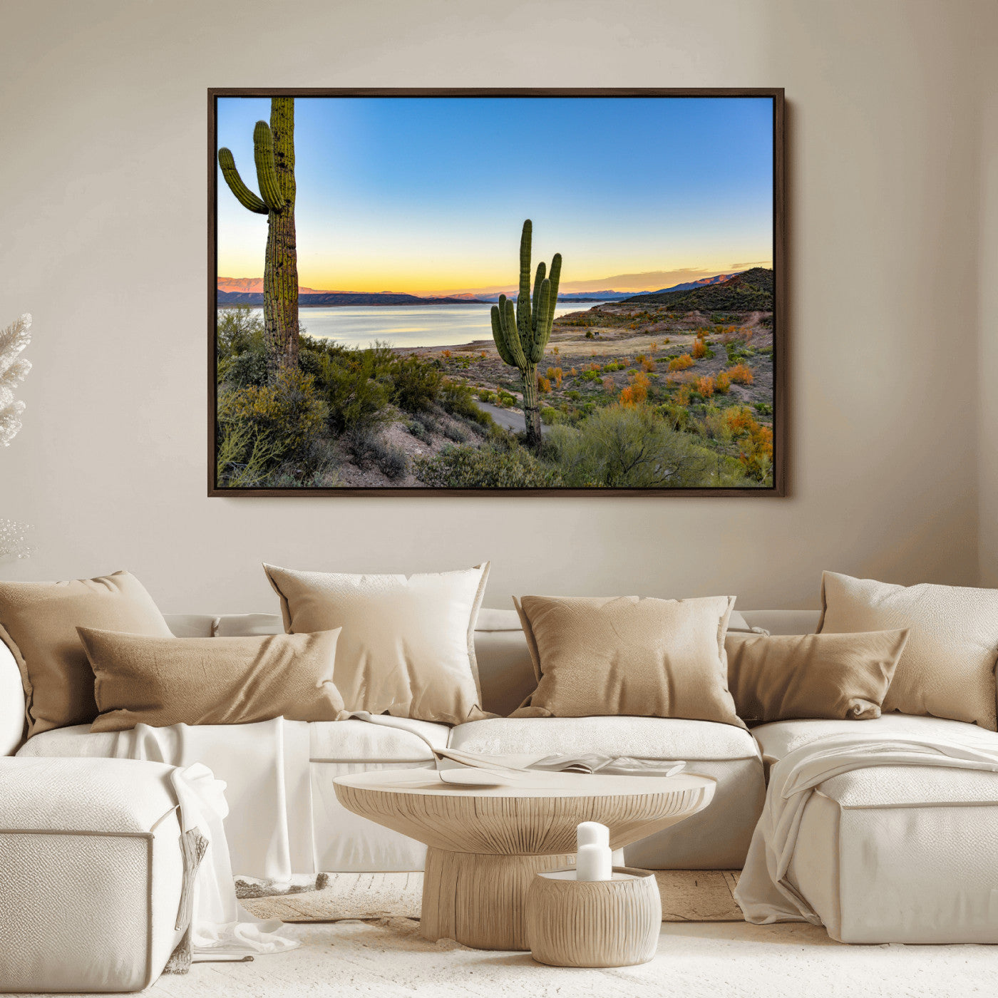 Desert landscape with saguaro cacti and lake at sunset, featuring vibrant sky and hills, ideal for Southwestern or rustic wall decor.