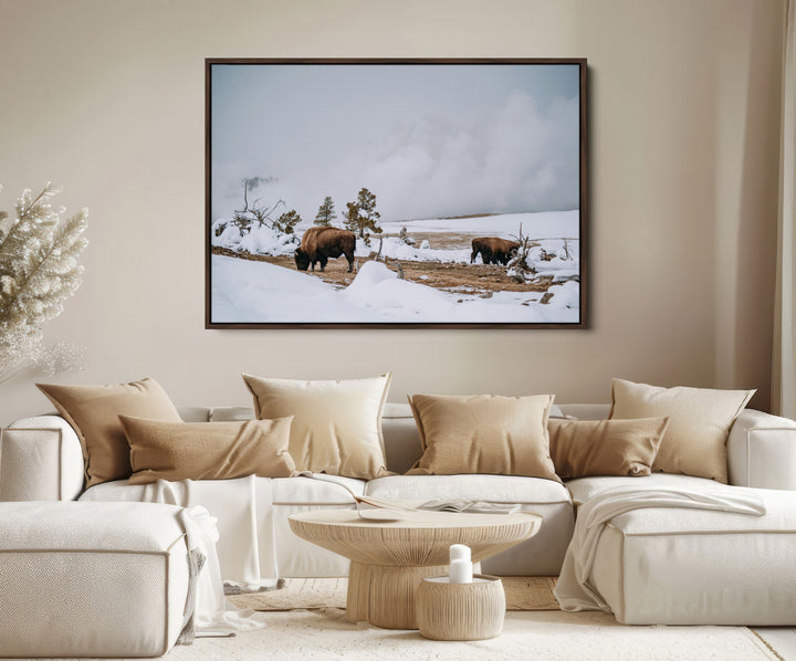 Bison Wildlife Wall Art Canvas Print, Framed Snowy Prairie Art Picture Print, Western Perfect Rustic Decor Artwork